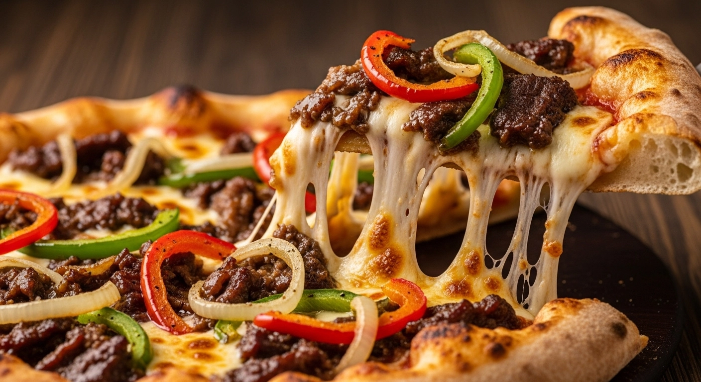 Close-up of Philly Cheesesteak Pizza slice with melted cheese pull showing ribeye steak, peppers, onions on golden crispy crust