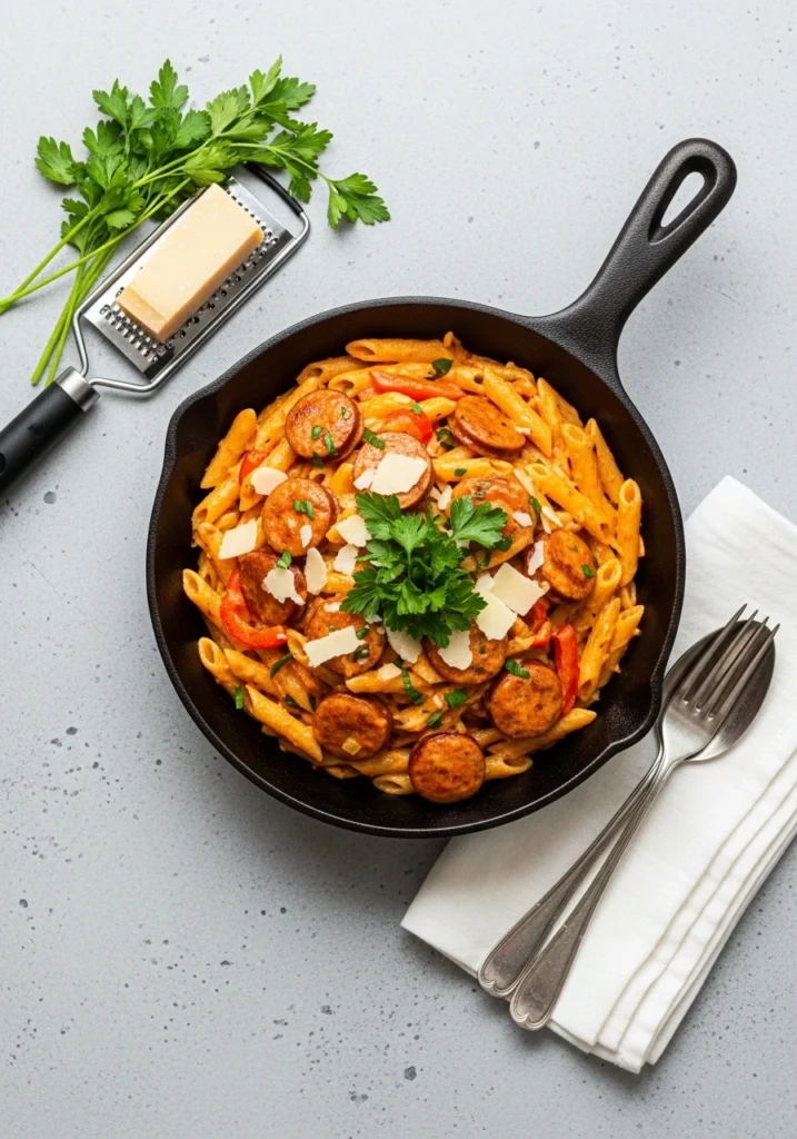 Cajun pasta with sausage served in white ceramic bowl garnished with fresh parsley and Parmesan cheese