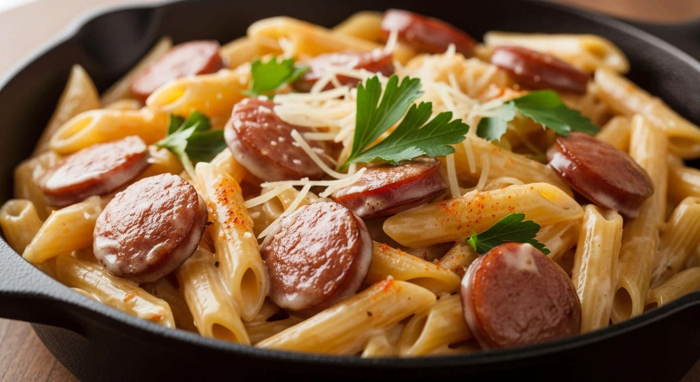 Creamy cajun sausage pasta in cast iron skillet with parmesan cheese and fresh parsley garnish