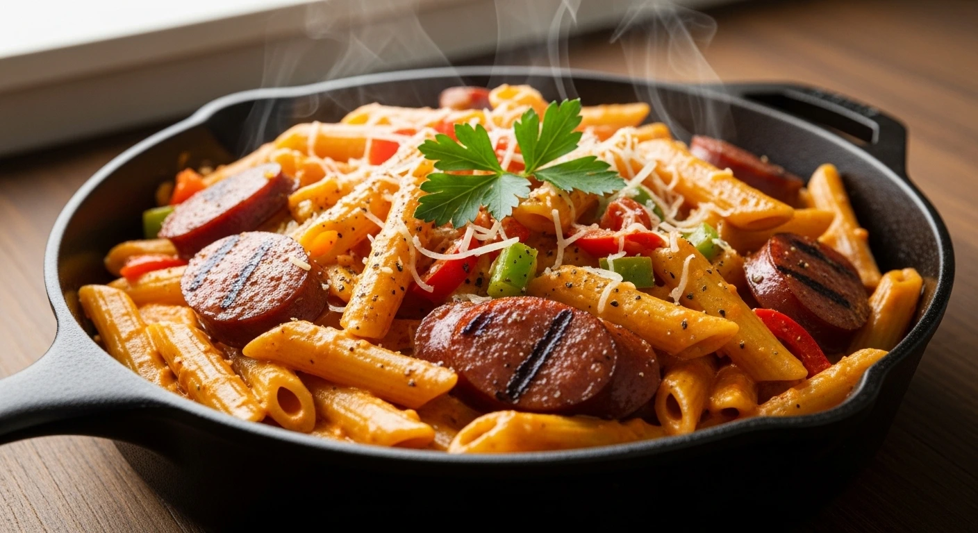 Creamy Cajun pasta with sausage in cast iron skillet with penne pasta coated in orange cream sauce, sliced andouille sausage, bell peppers, and fresh parsley garnish