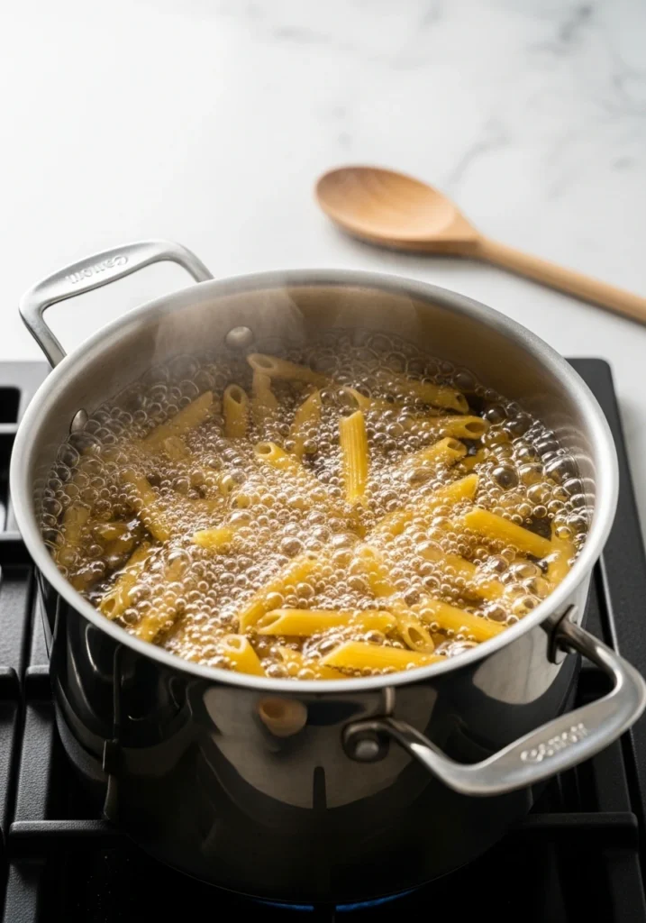 Penne pasta boiling in pot of salted water for homemade alfredo pasta recipe