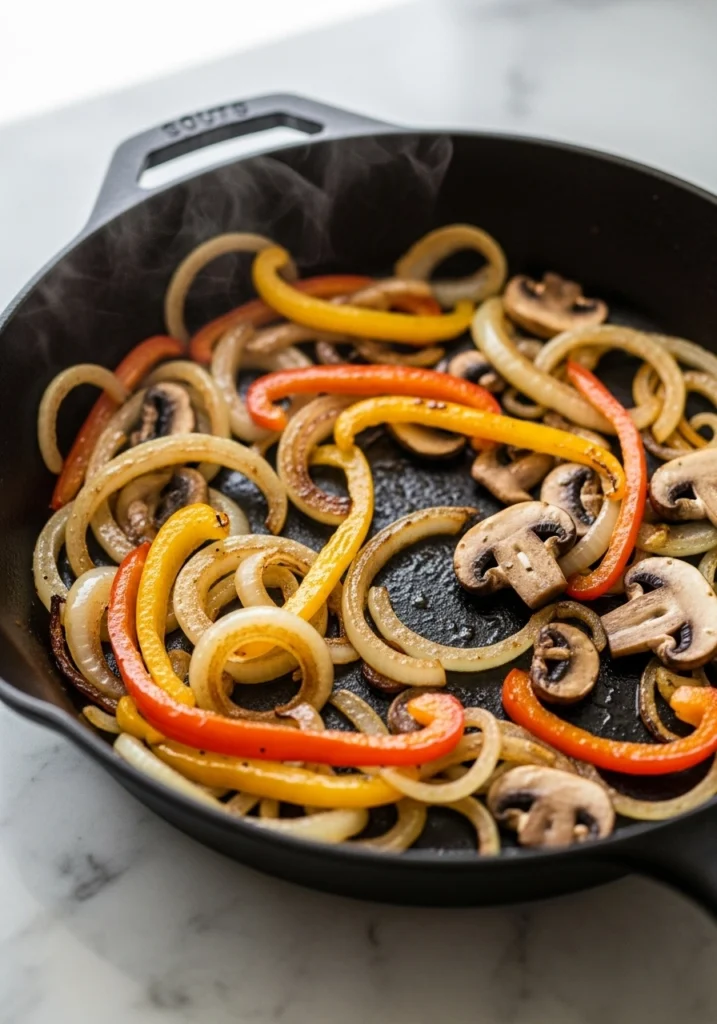 Caramelized onions, red and green bell peppers, and mushrooms sautéed in skillet for pizza topping