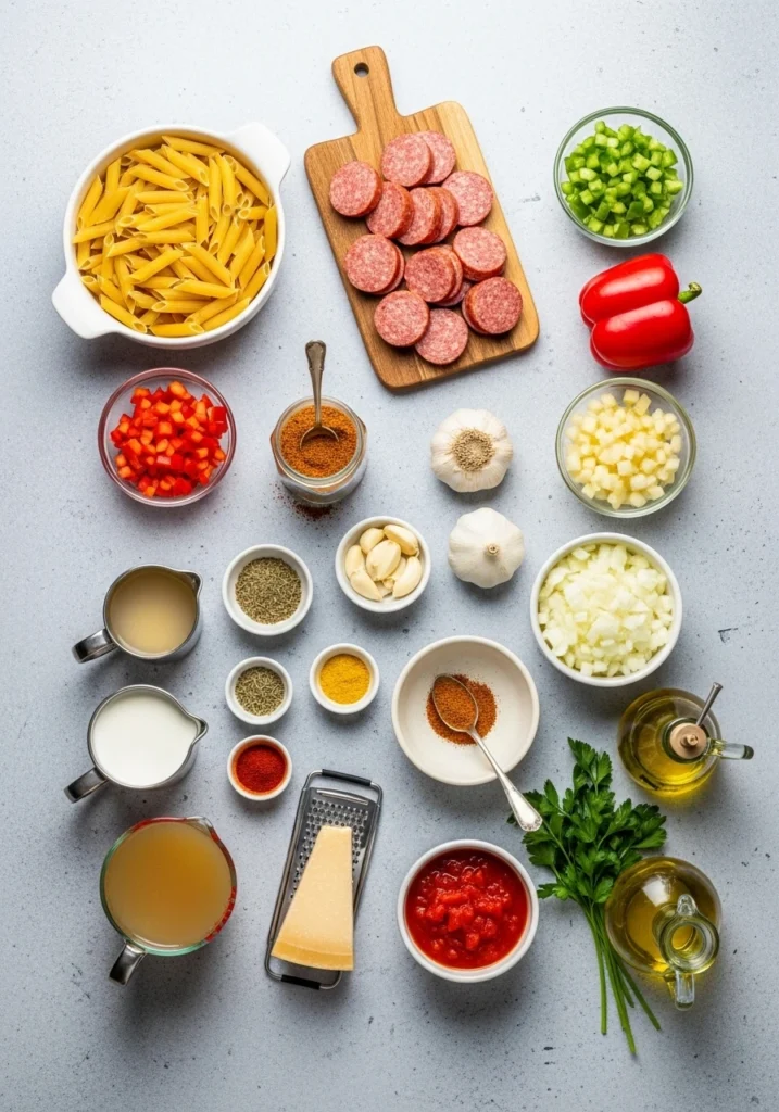 Cajun pasta with sausage ingredients including raw penne pasta, sliced andouille sausage, bell peppers, onions, garlic, Cajun seasoning, heavy cream, and Parmesan cheese arranged on gray surface