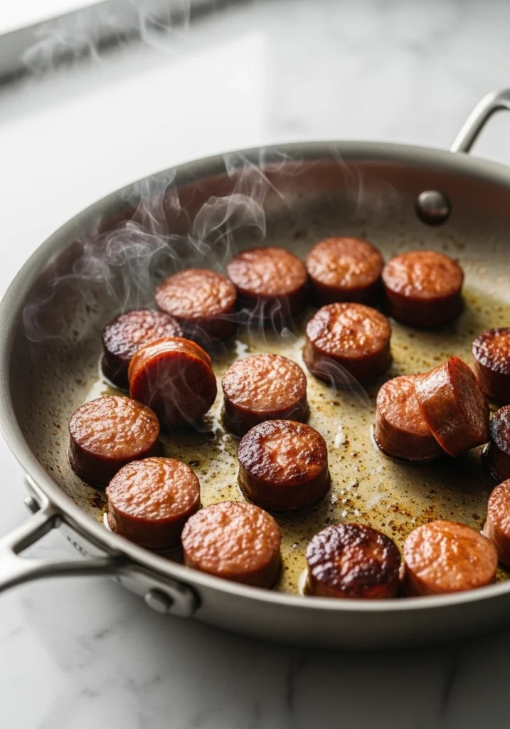 Sliced andouille sausage browning in skillet with caramelized edges for spicy pasta recipe