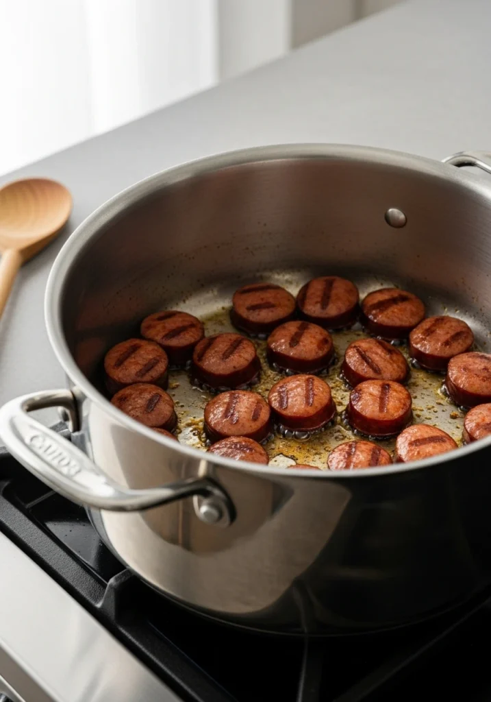 Sliced andouille sausage browning in Dutch oven pot showing caramelization for Cajun pasta with sausage recipe