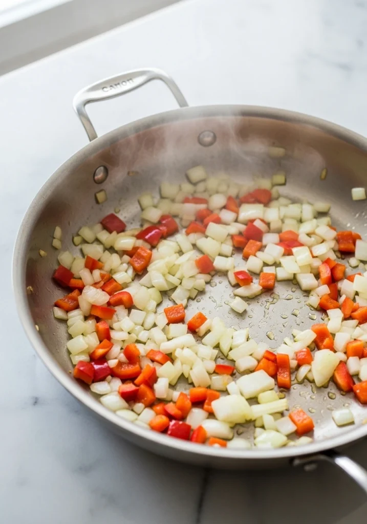 Diced onions and red bell peppers sautéing in skillet for the sauce base