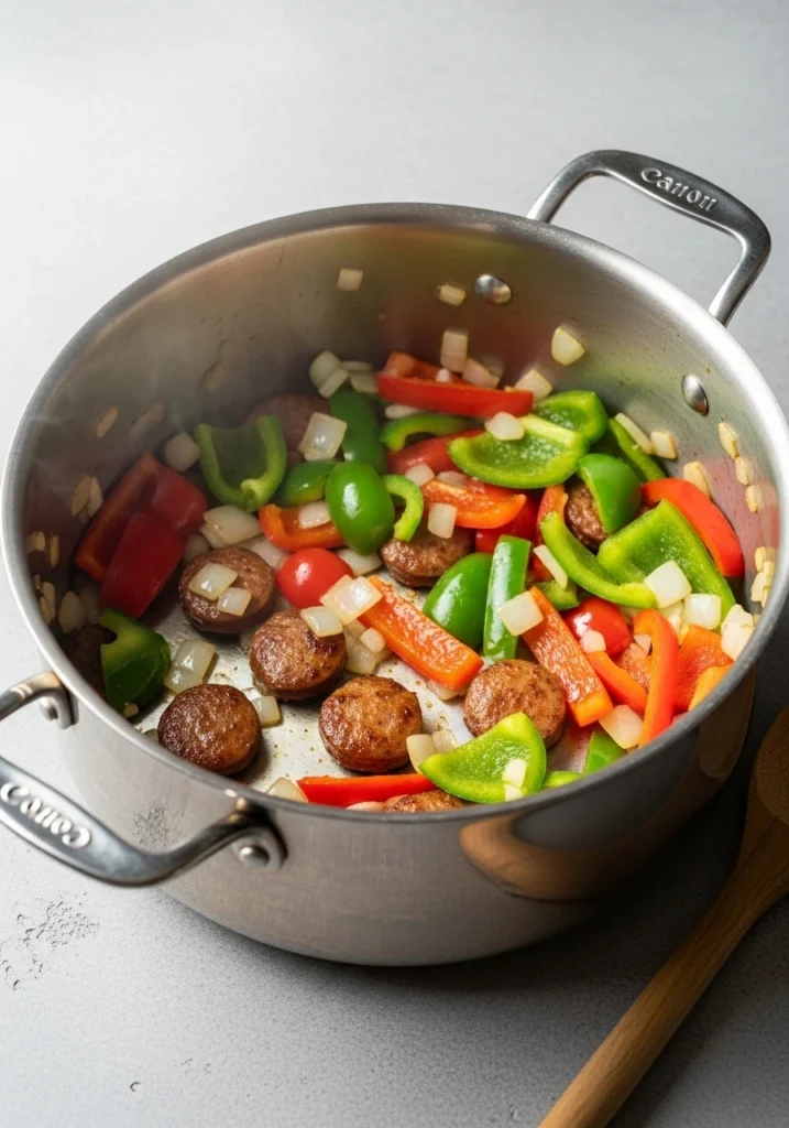 Diced onions, red bell peppers, and green bell peppers sautéing in olive oil for Cajun sausage pasta recipe