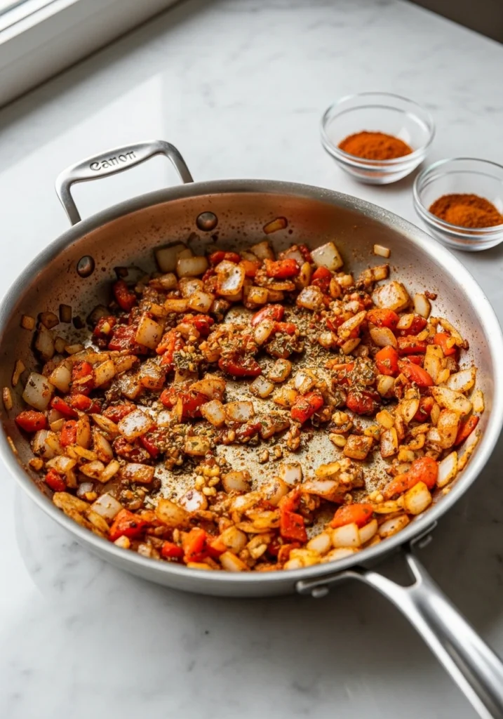 Vegetables coated in paprika, garlic powder, and cajun spices in skillet for homemade pasta sauce