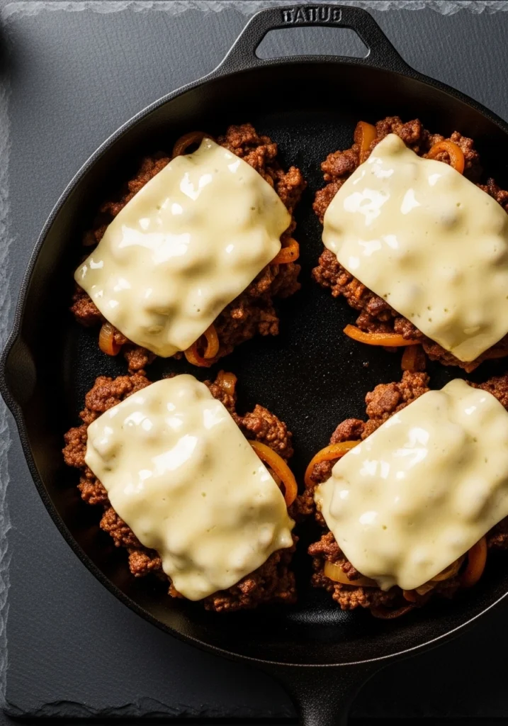 Provolone cheese melting over seasoned beef, onions, and peppers in skillet for Philly cheesesteak recipe