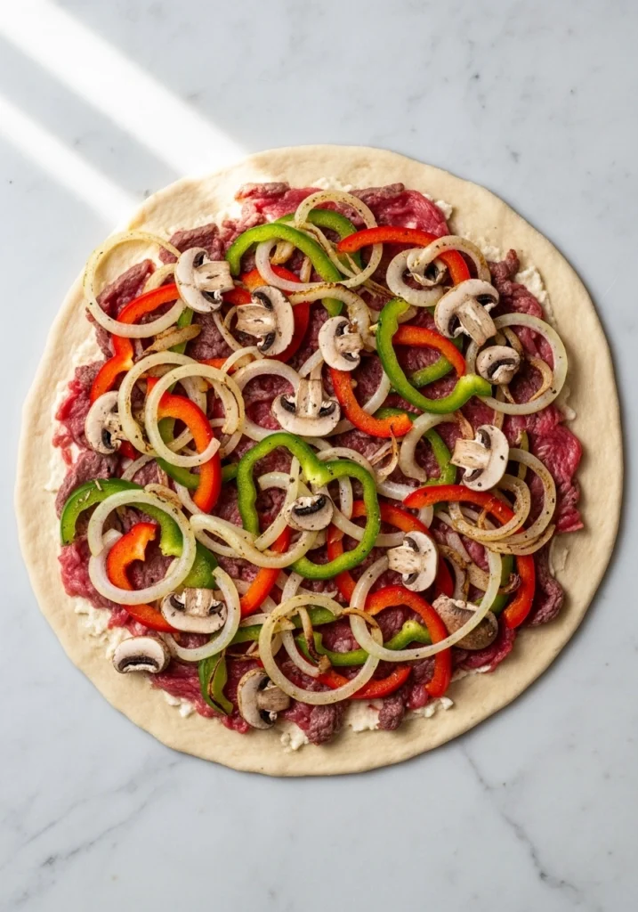 Colorful bell peppers, caramelized onions, and mushrooms layered on top of steak for pizza assembly