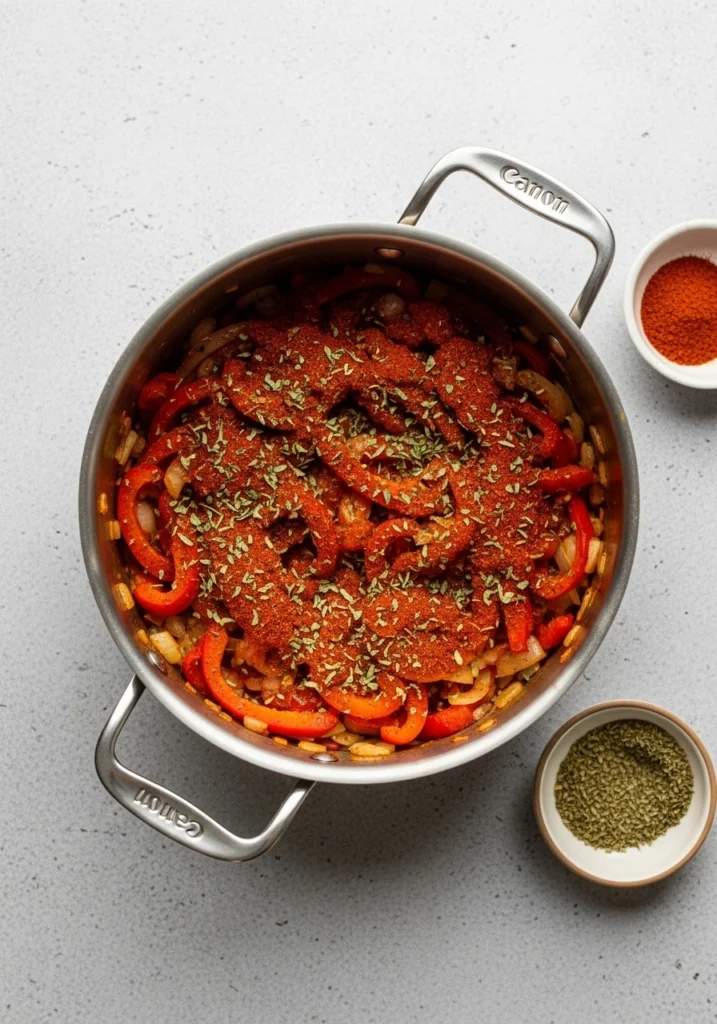 Cajun seasoning, paprika, and dried herbs coating sautéed vegetables in pot for creamy Cajun pasta recipe