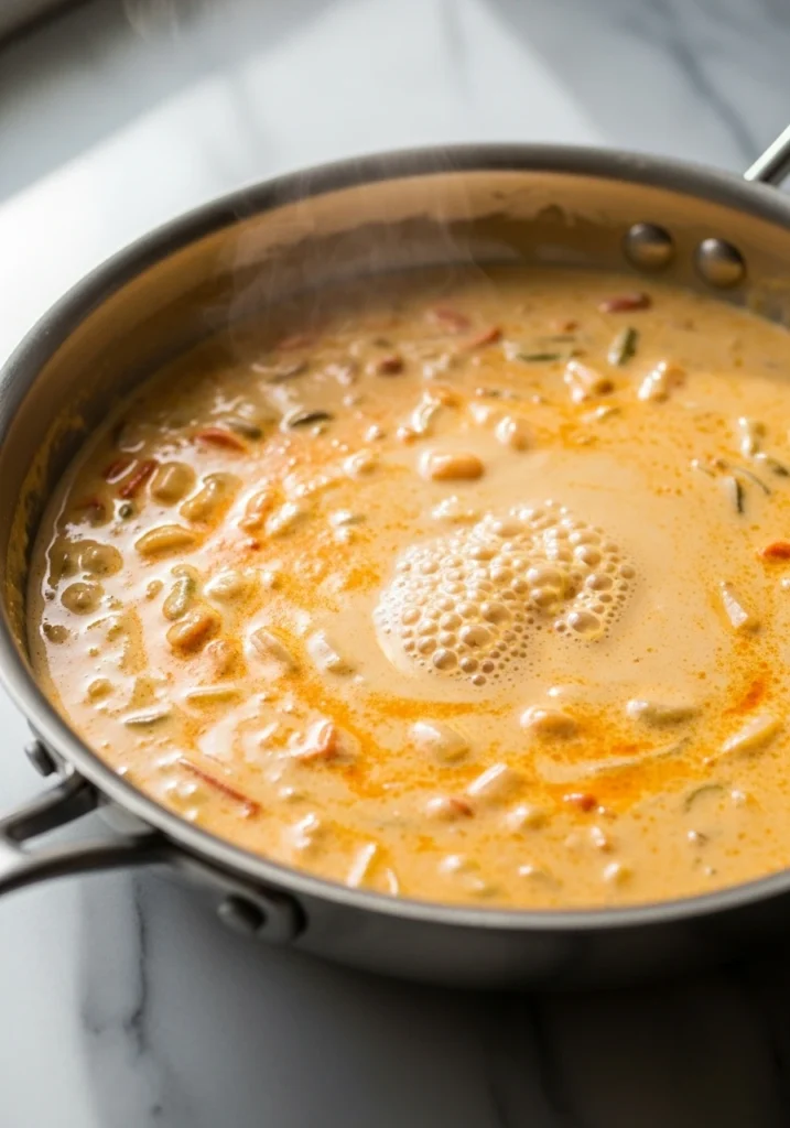 Creamy alfredo sauce with cajun spices simmering in skillet creating rich pasta base