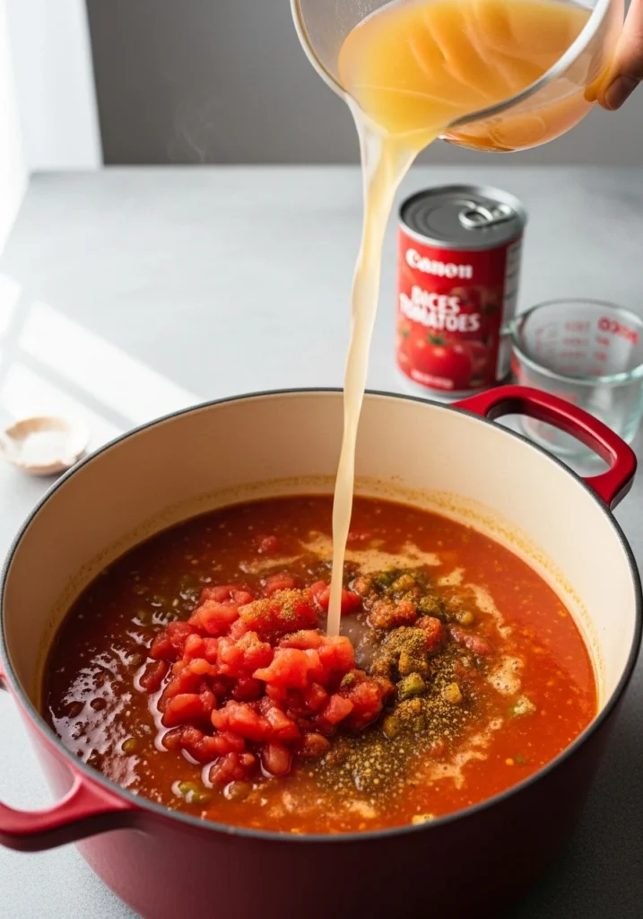 Chicken broth and diced tomatoes being added to Cajun seasoned vegetables in Dutch oven for one pot pasta recipe