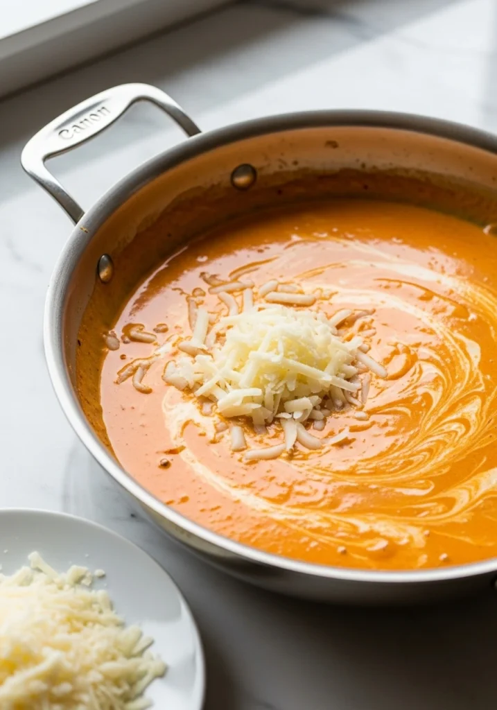 Freshly grated parmesan cheese melting into cajun cream sauce for rich alfredo pasta