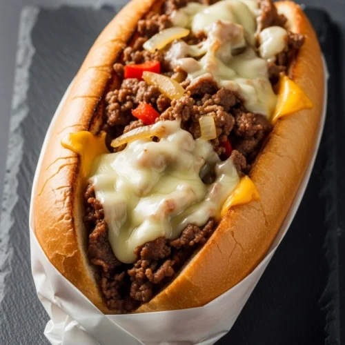 Freshly assembled Philly cheesesteak sandwich with melted cheese, beef, and vegetables in toasted hoagie roll