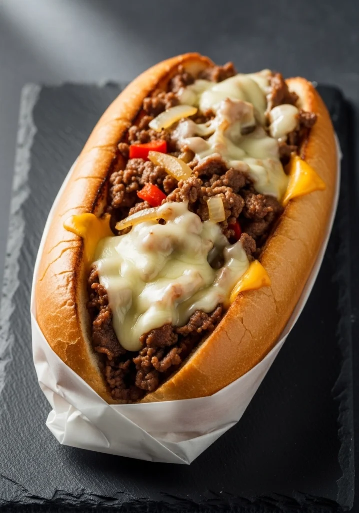 Freshly assembled Philly cheesesteak sandwich with melted cheese, beef, and vegetables in toasted hoagie roll