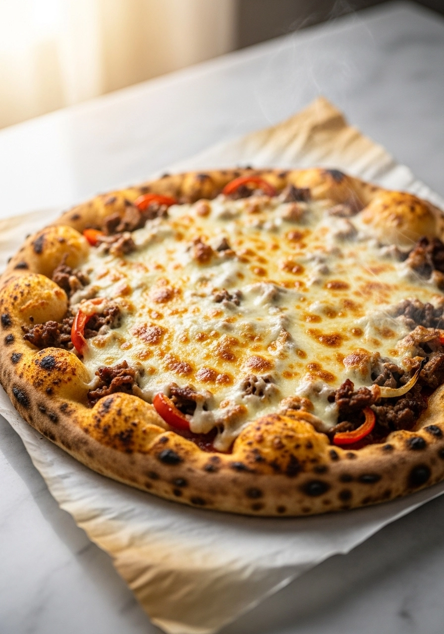 Freshly baked pizza with bubbling golden cheese, charred crust edges, and steam rising showing perfectly cooked result