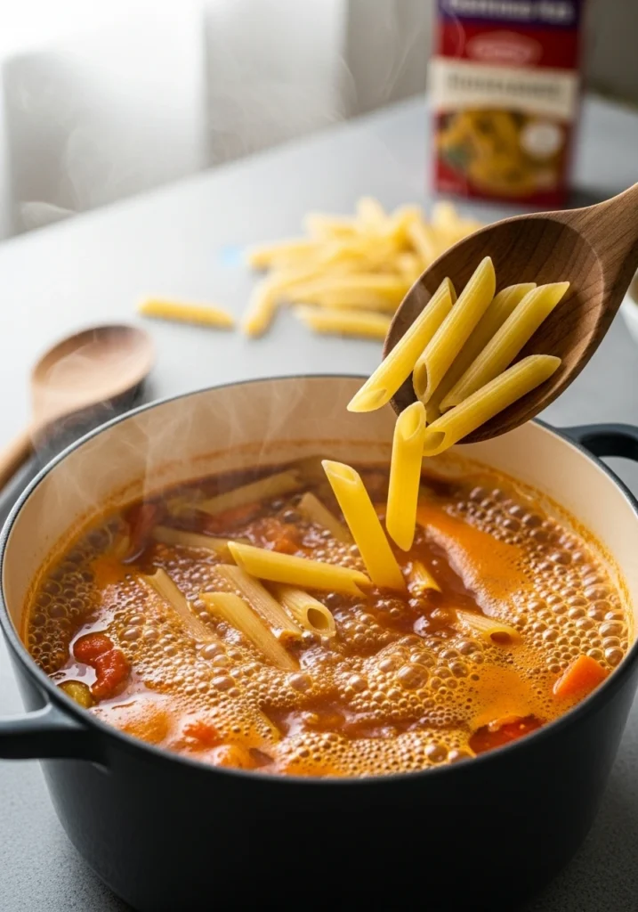 Dry penne pasta added to boiling Cajun broth with vegetables in Dutch oven for one pot Cajun pasta with sausage