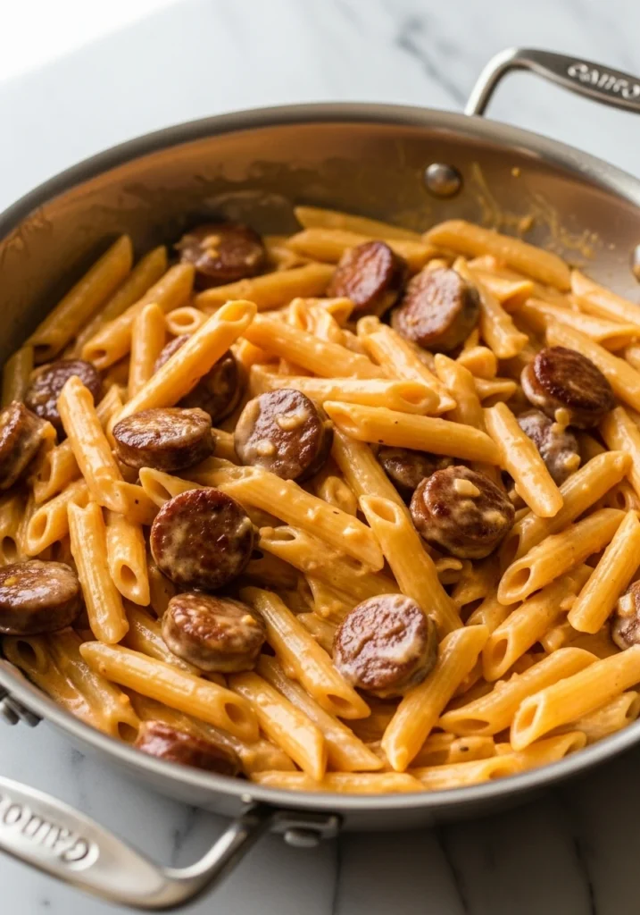 Penne pasta and browned sausage tossed in creamy cajun alfredo sauce in skillet