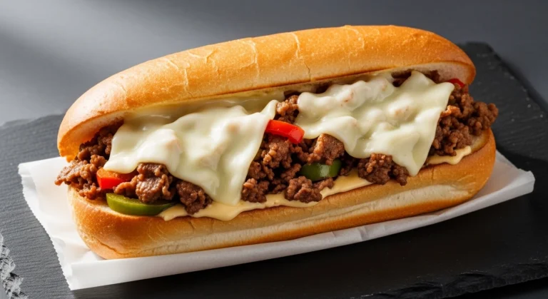 Close-up of juicy Philly cheesesteak recipe with melted provolone cheese dripping from sliced sandwich on wooden board