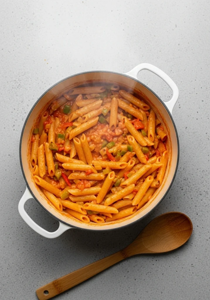 Penne pasta simmering in Cajun sauce with bell peppers and sausage, absorbing flavors in Dutch oven