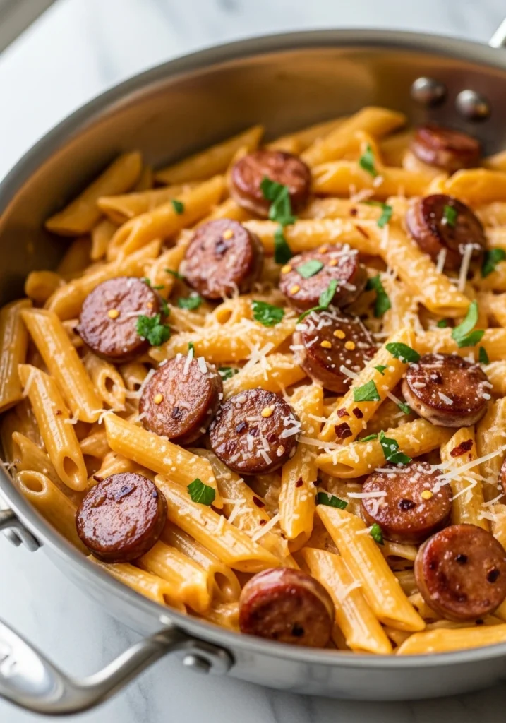 Finished spicy sausage alfredo pasta with parsley garnish and parmesan cheese in skillet