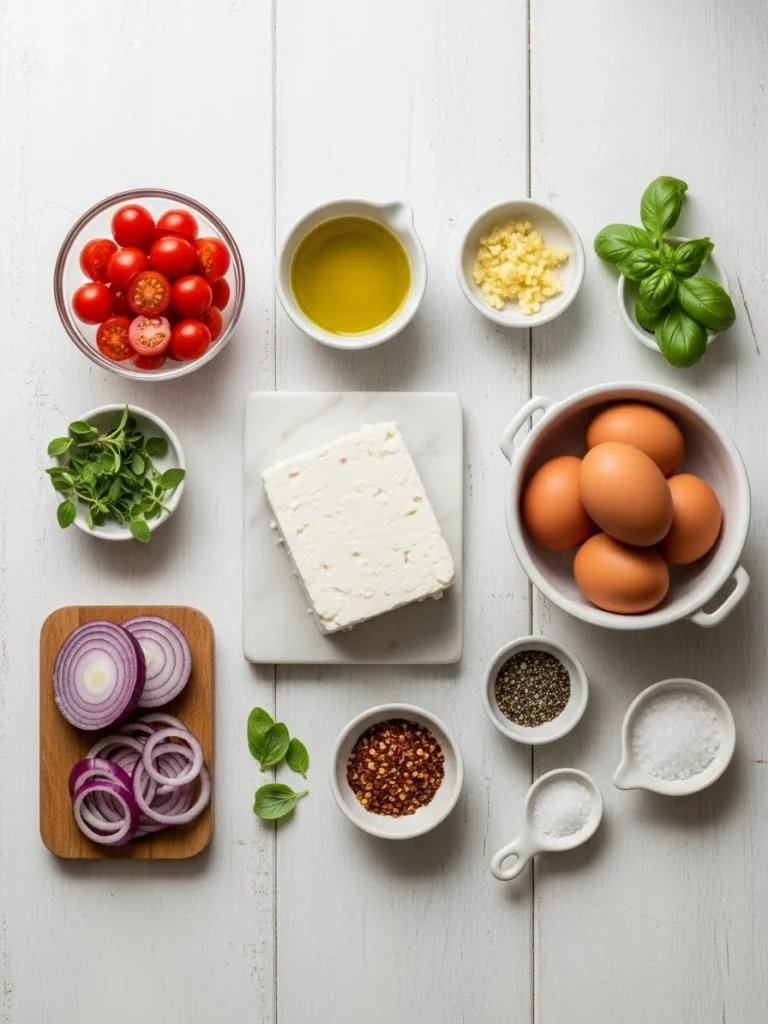 Ingredients for Mediterranean breakfast including feta cheese block, cherry tomatoes, eggs, olive oil, garlic, herbs and seasonings on white background