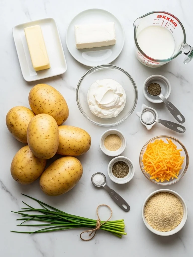 Ingredients for making mashed potatoes including Yukon Gold potatoes, butter, cream cheese, sour cream, and cheddar cheese arranged on marble counter