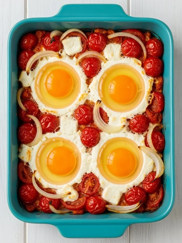 Four raw eggs placed in wells surrounded by roasted tomatoes and melted feta cheese ready for final baking