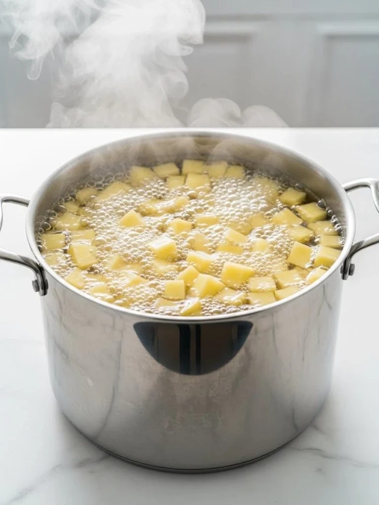 Cubed potatoes boiling in large pot of salted water on stovetop for homemade side dish