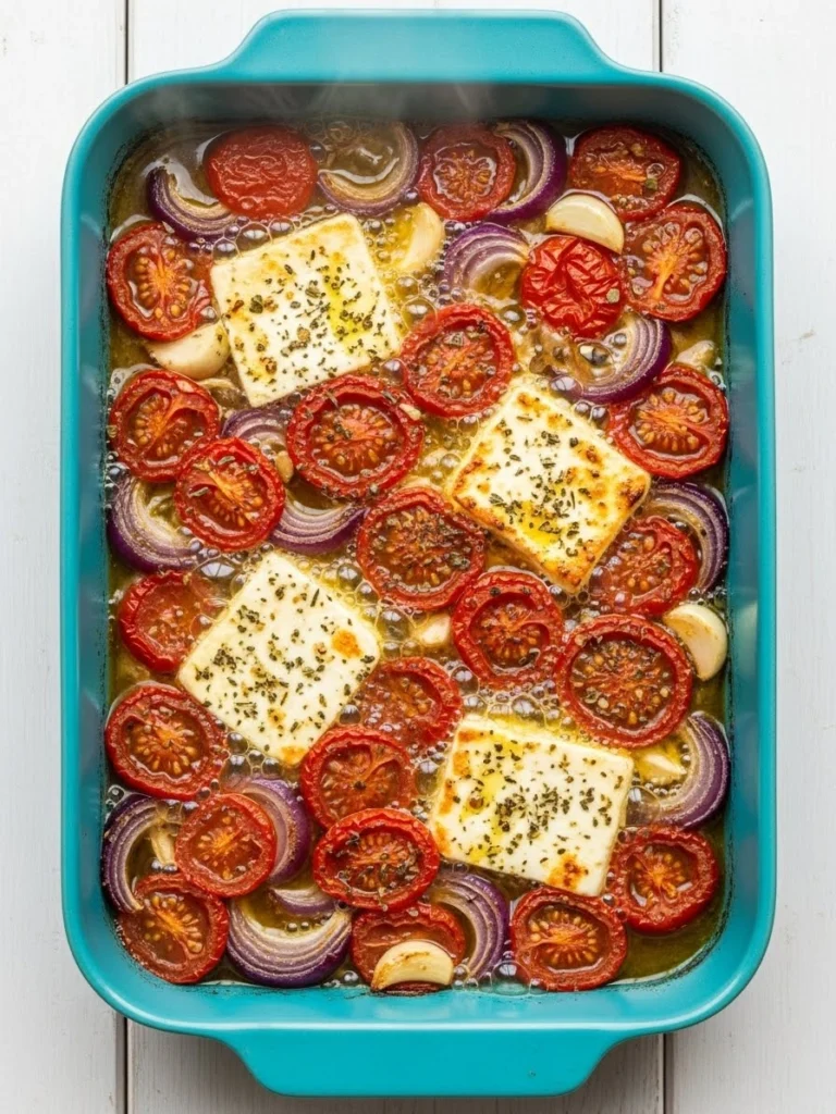 mideterranean breakfast showing blistered roasted tomatoes and softened feta cheese after first baking stage
