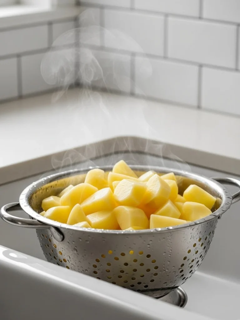 Hot cooked potato chunks draining in metal colander with steam rising in kitchen sink