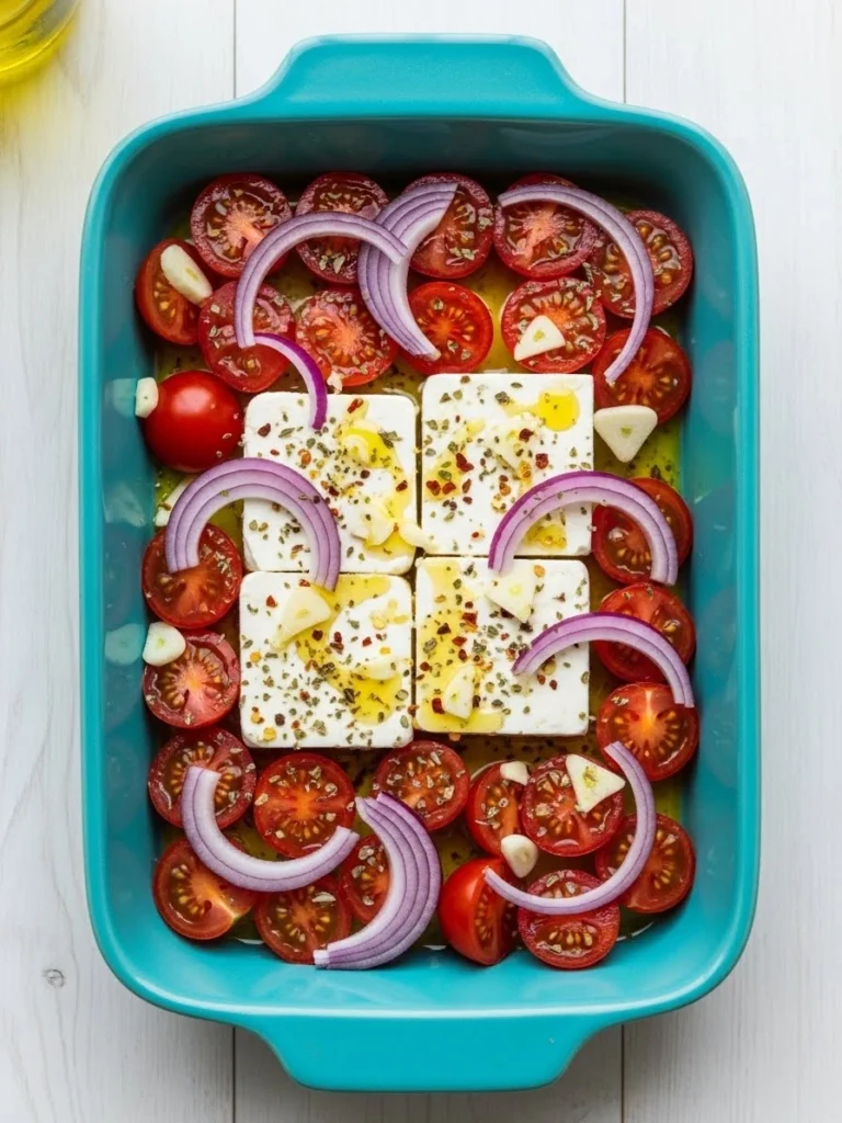 Raw feta cheese surrounded by halved cherry tomatoes, red onions and garlic in baking dish before cooking