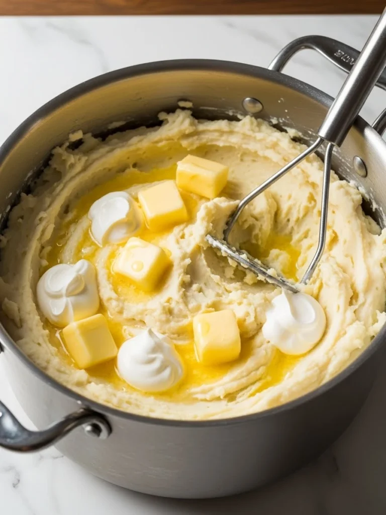 Mashing hot potatoes with butter, cream cheese, and sour cream in stainless steel pot