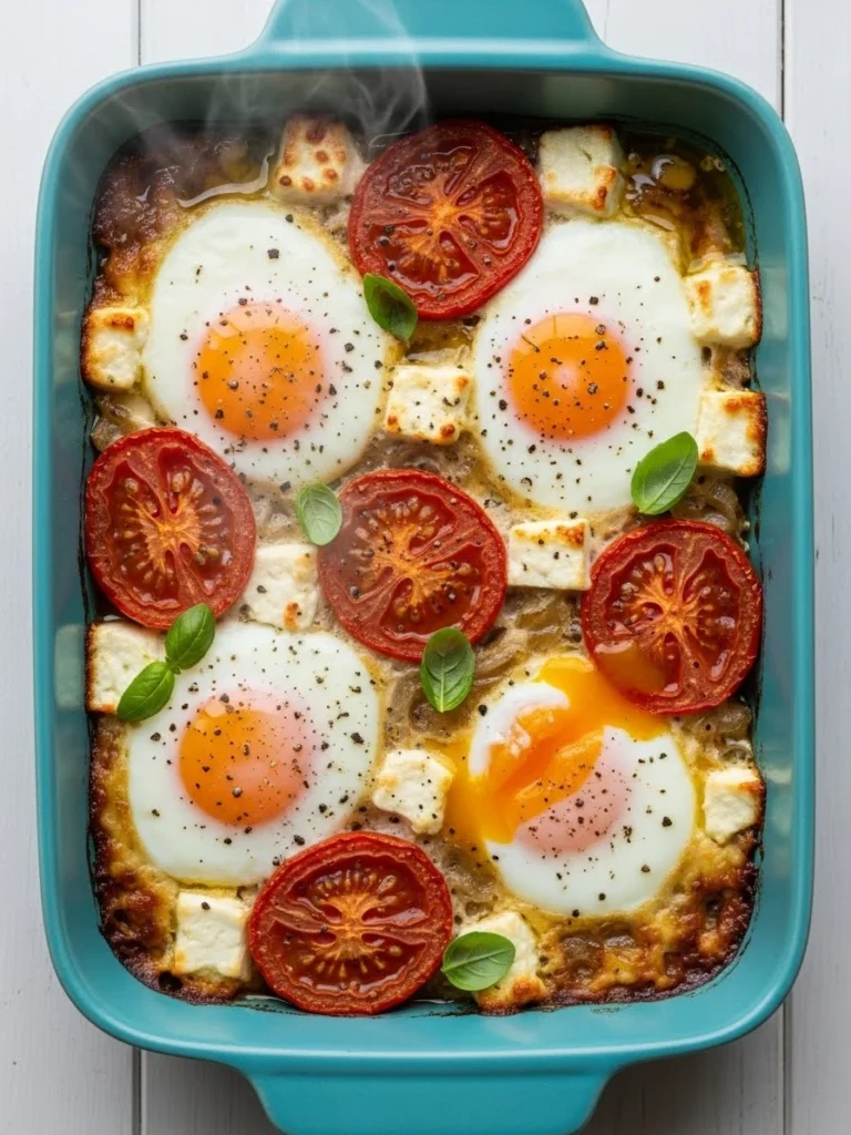 Finished recipe with perfectly cooked eggs, creamy feta, caramelized tomatoes and fresh basil garnish