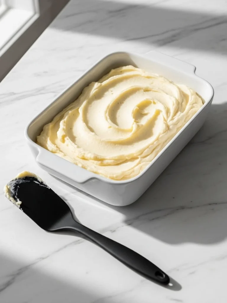 Baked mashed potatoes spread evenly in white ceramic casserole dish before adding cheese topping