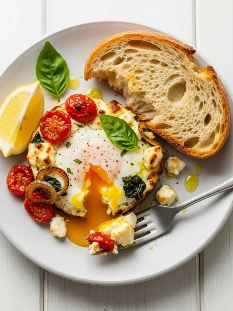 Single serving of Mediterranean baked eggs with feta, roasted tomatoes and crusty bread on white plate
