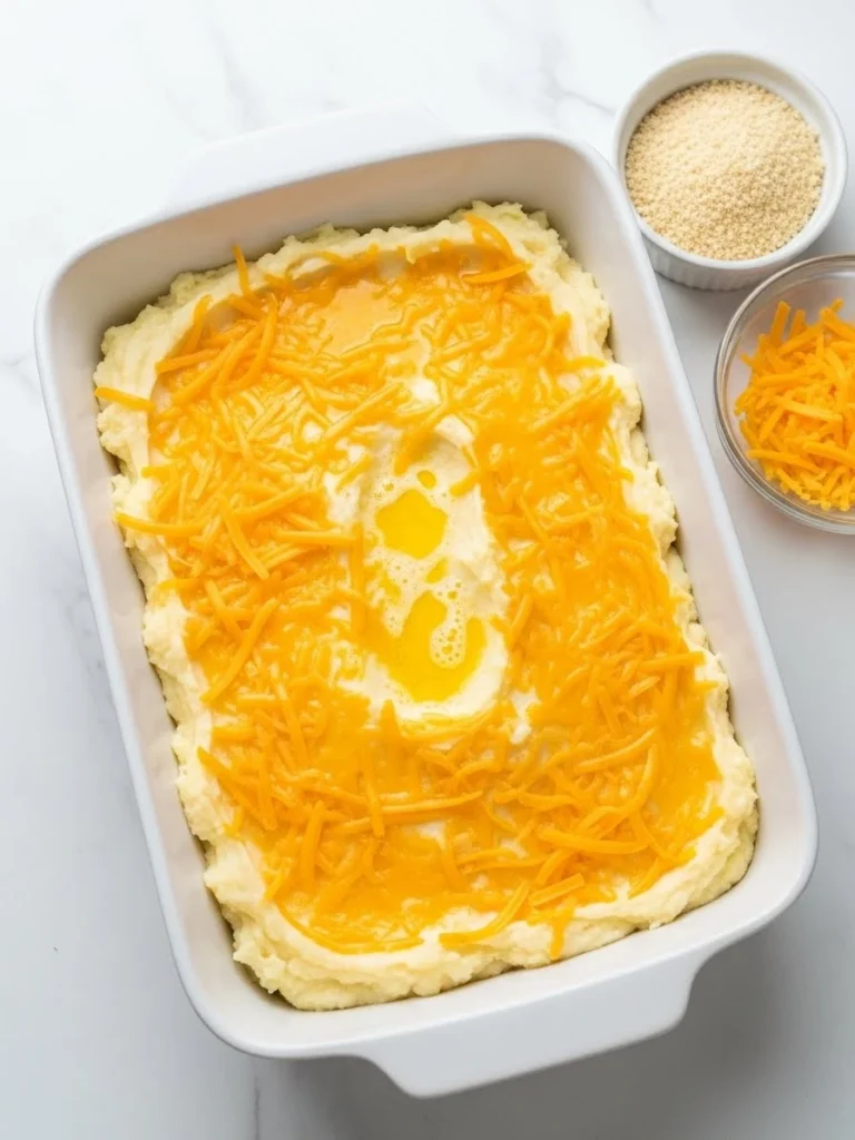 Shredded sharp cheddar cheese and breadcrumbs layered on top of mashed potatoes in baking dish