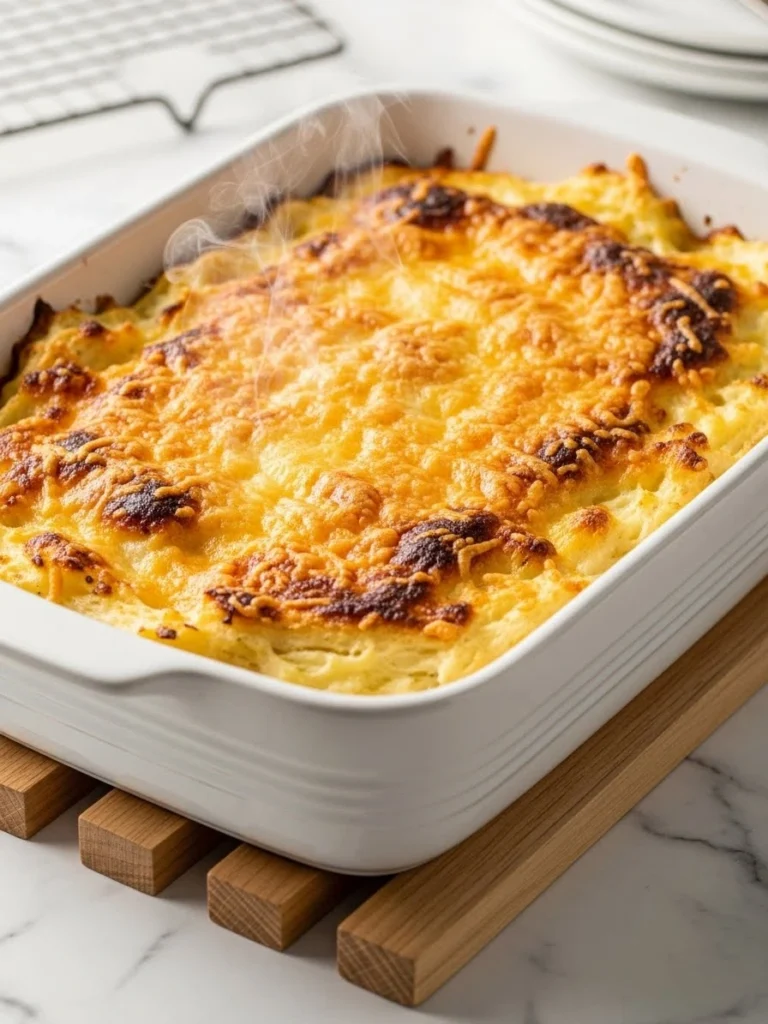Golden brown bubbling cheese on twice baked mashed potatoes fresh from oven on cooling rack