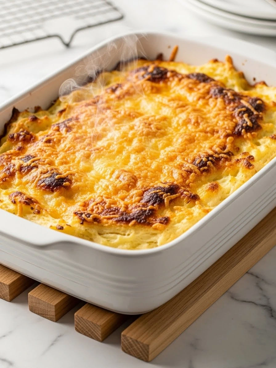 Golden brown bubbling cheese on twice baked mashed potatoes fresh from oven on cooling rack