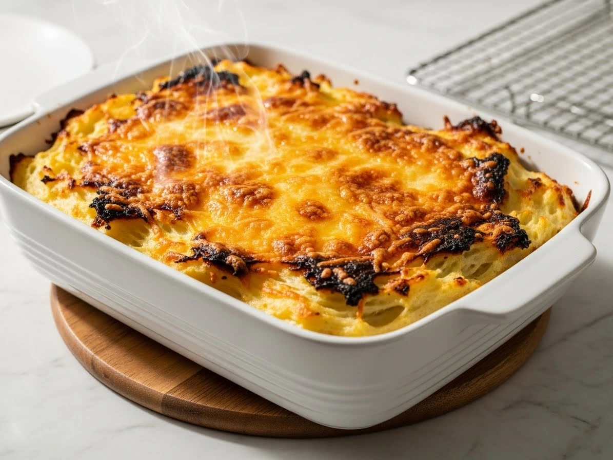 Close-up of creamy twice baked mashed potatoes with golden melted cheese and fresh chives in white baking dish