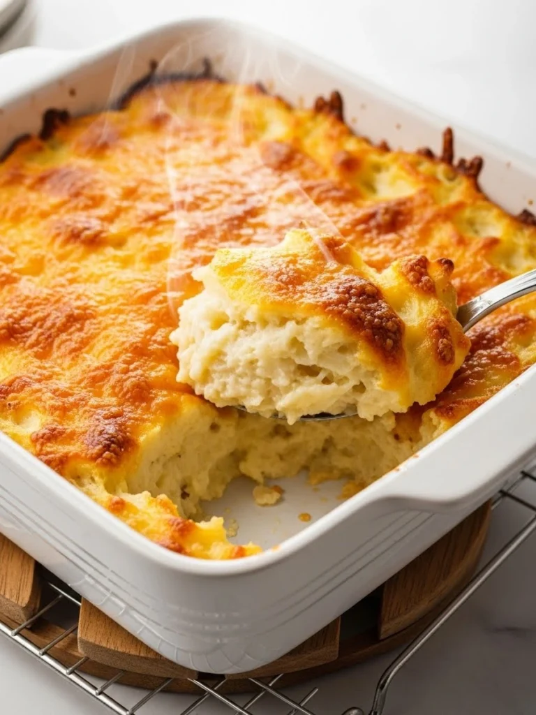 Serving spoon scooping creamy twice baked mashed potatoes showing fluffy interior and crispy cheese top