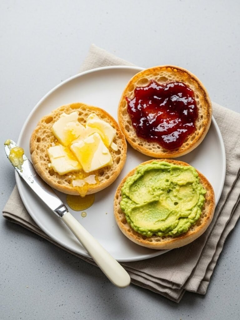 Split and toasted sourdough English muffins on plate with melted butter, jam, and avocado showing various serving options for breakfast