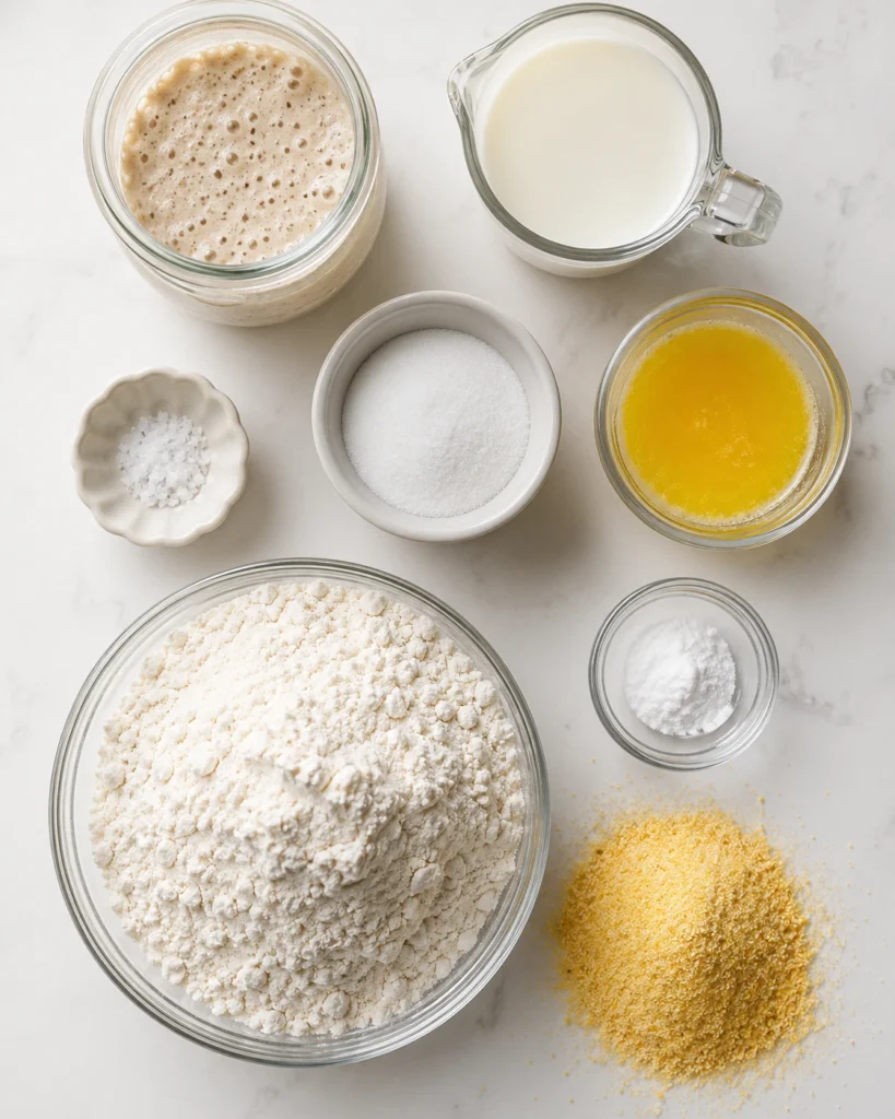 Overhead view of ingredients for homemade English muffins including sourdough starter, flour, milk, butter, sugar, salt, and cornmeal arranged on concrete surface