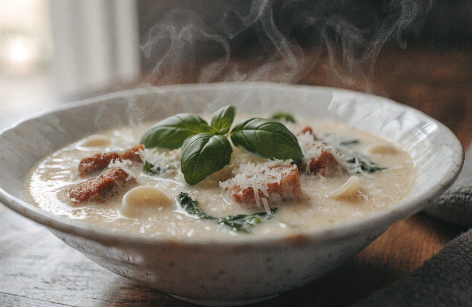 Creamy parmesan italian sausage soup in white bowl with melted cheese, pasta, and fresh basil garnish