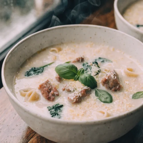 Bowl of finished creamy parmesan italian sausage soup with pasta, topped with cheese and basil