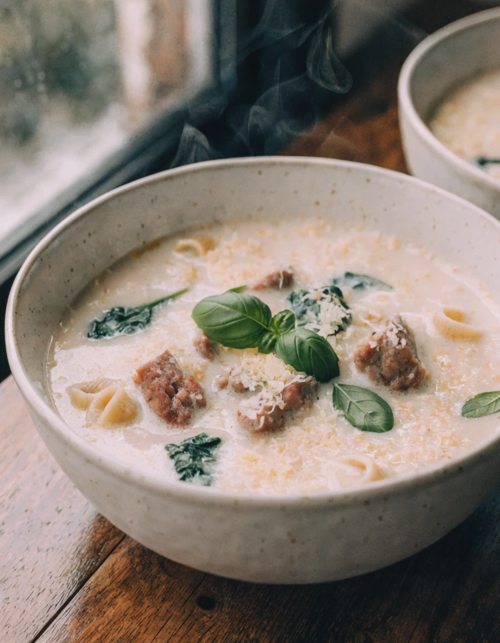 Bowl of finished creamy parmesan italian sausage soup with pasta, topped with cheese and basil