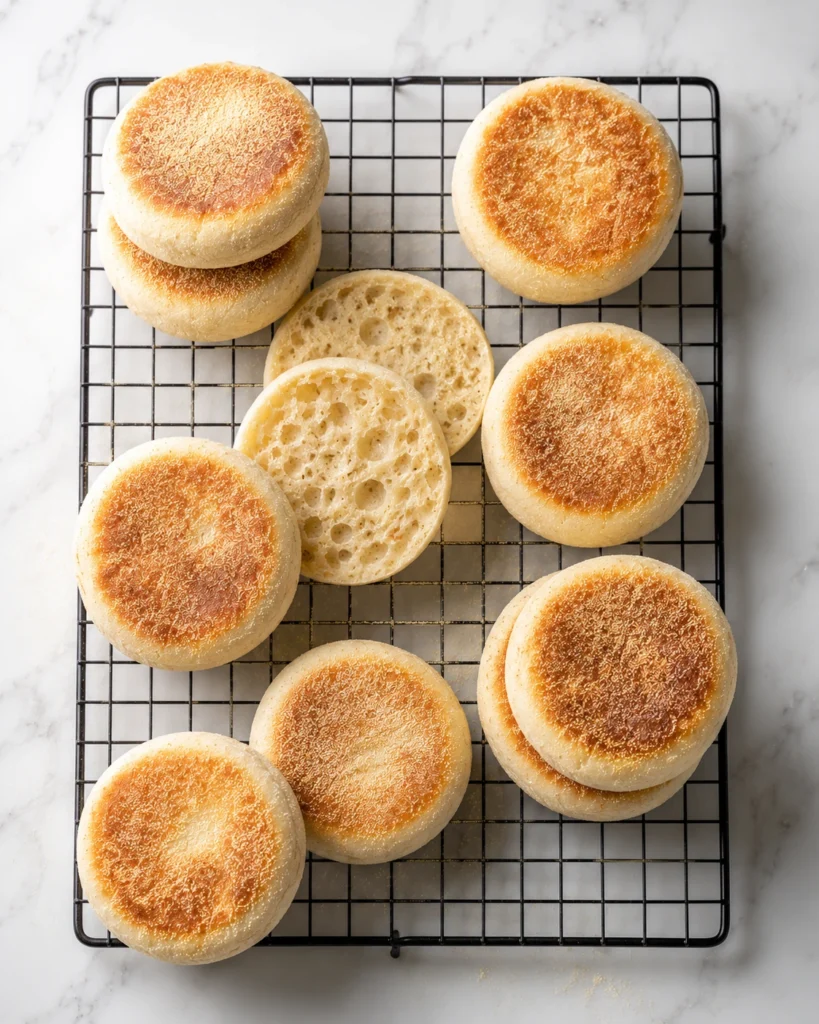 Golden brown sourdough English muffins cooling on wire rack after griddle cooking, showing crispy cornmeal exterior