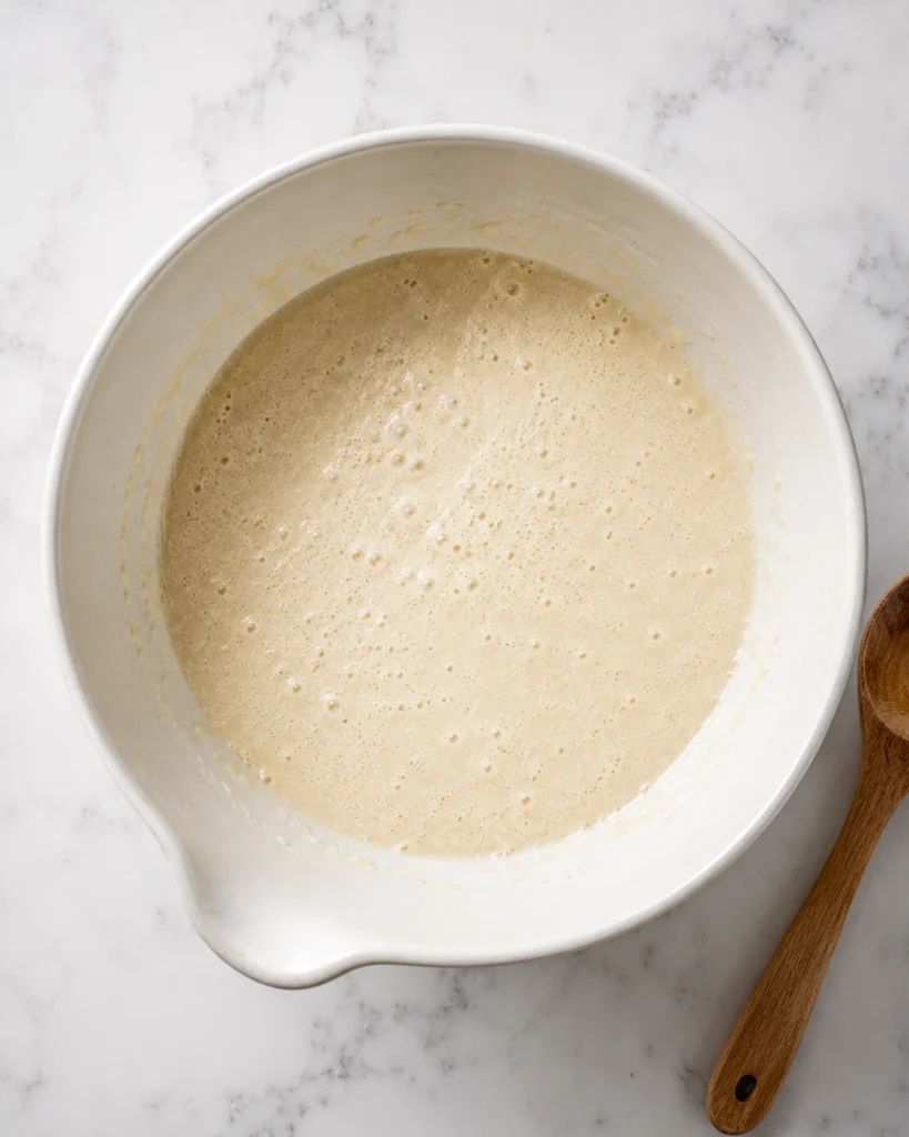 White mixing bowl with sourdough starter, milk, and melted butter whisked together into creamy mixture for English muffin recipe