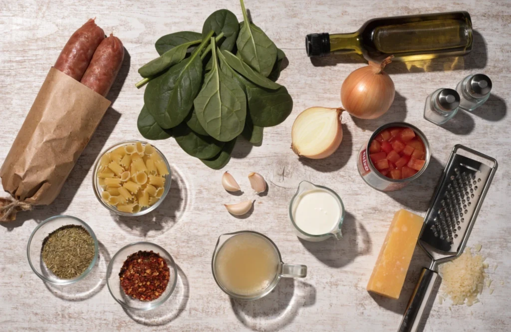 Ingredients for creamy parmesan sausage soup including italian sausage, pasta, spinach, parmesan cheese, cream, and chicken broth